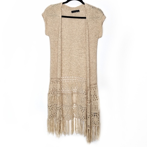 Sanctuary Sweaters - Sanctuary Boho Beige Crochet Fringed Open Cardigan